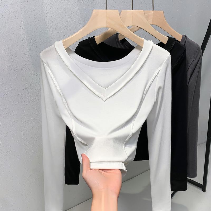 Белая французская ключица открытая V-образный вырез плечо футболка для женщин с длинным рукавом круглый вырез внутренняя базовая рубашка омолаживающий модный топ