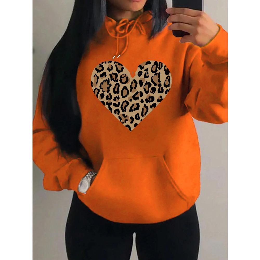 Простое худи с дизайном сердца с леопардовым принтом для женщин, оверсайз, флисовое, осеннее, хип-хоп, спортивная одежда, модная одежда