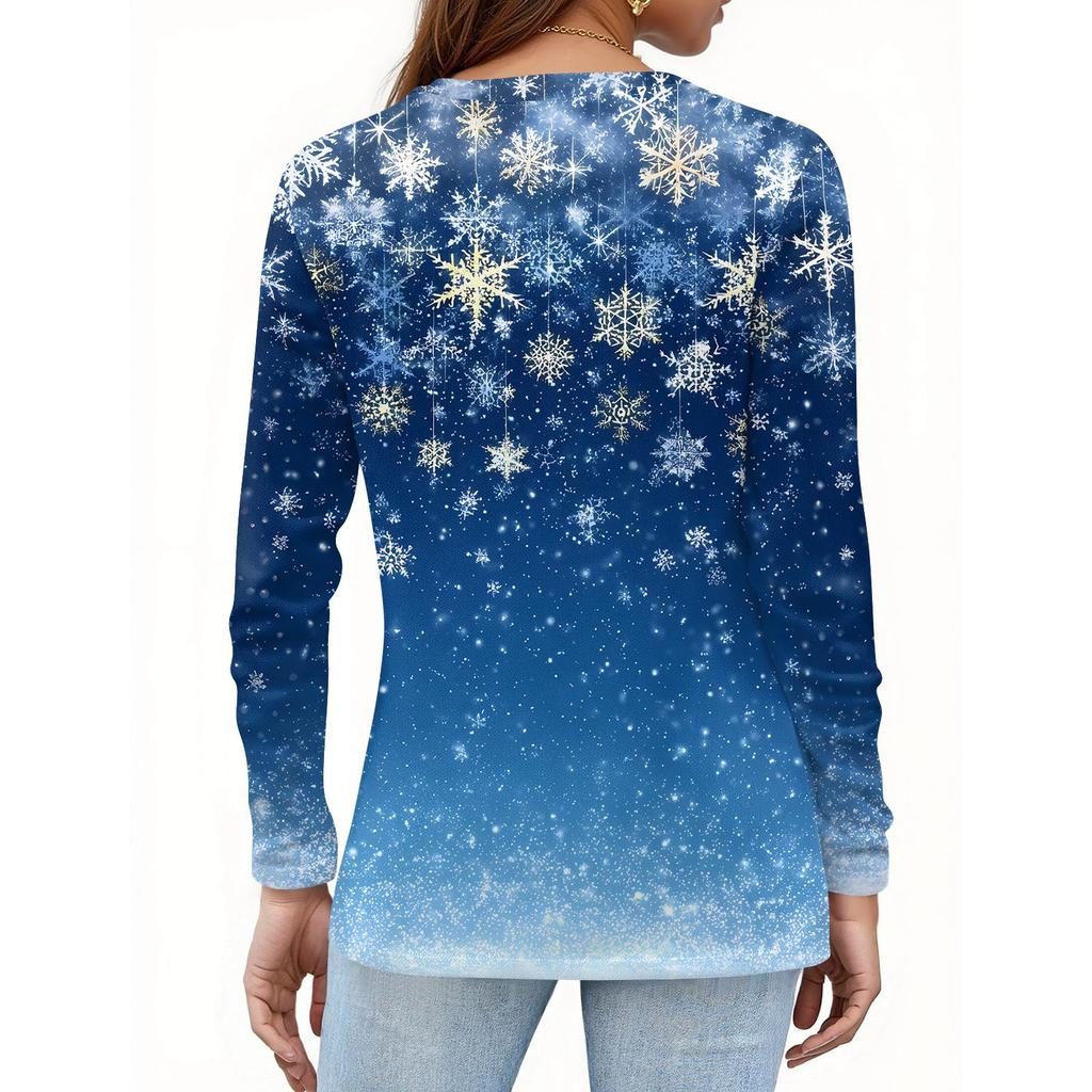 Женская футболка с рождественским принтом на пуговицах с длинным рукавом, повседневная, выходного дня, модная, базовая, с V-образным вырезом, обычная