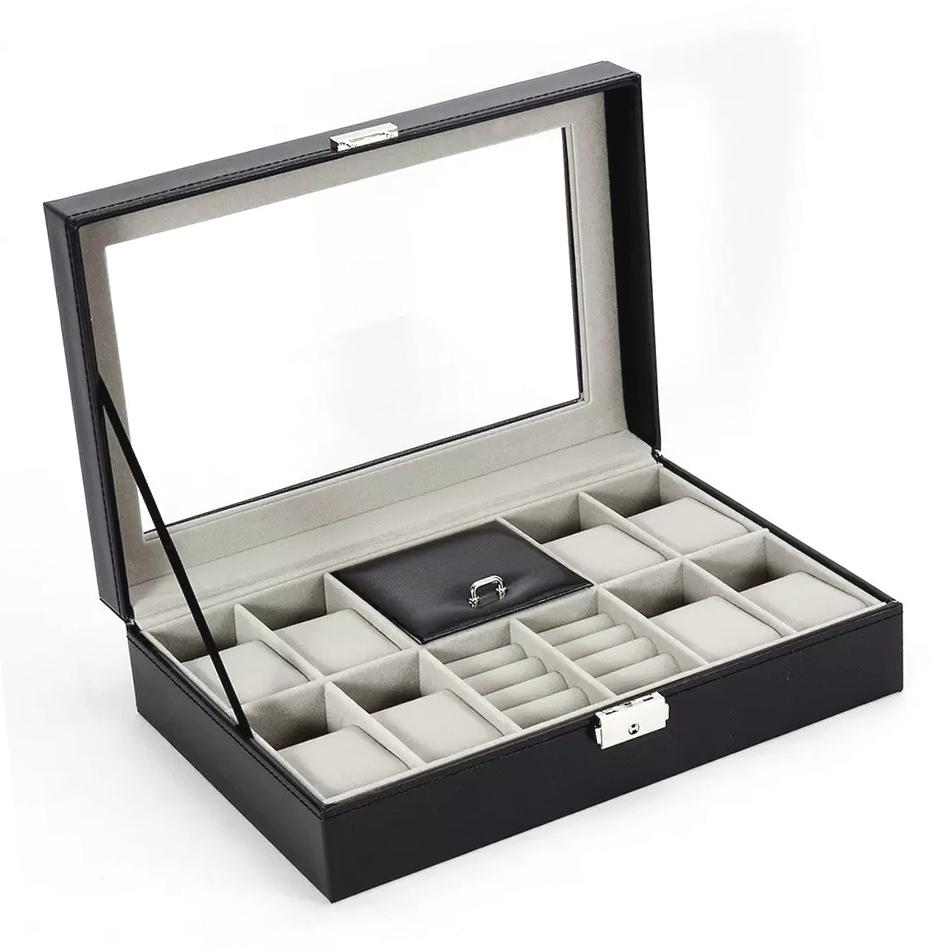 8 Slot Watch Box Cases Jewelry Storage Box Organizer for Men Women PU Leather Lockable Watch Holder with Ring