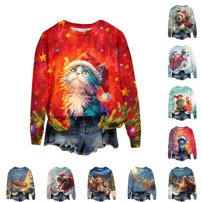 Женская модная рождественская принтованная толстовка с длинным рукавом и круглым вырезом