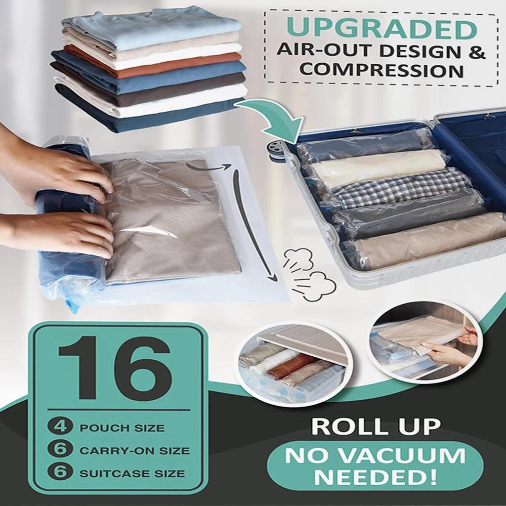 16 Pack Multiple Sizes Vacuum Storage Bags Hand Roll Durable Space Saver Bags For Clothes Clothing Travel Moving Must Have