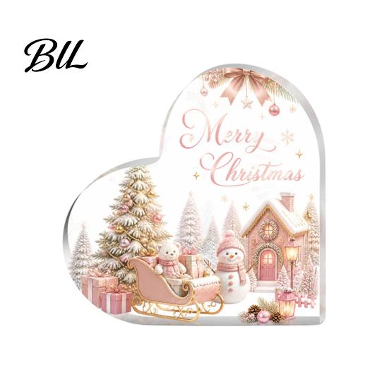 Indoor Christmas Ornaments Heart Shaped Acrylic Tabletop Sign, 2D Winter Snow Scene Desktop Ornament Home Party Supplies with Santa, Snowman