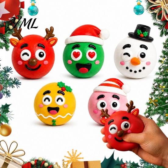 Soft TPR Squeezing Toy 1/5Pcs DIY Christmas Stress Relief Toy, Reindeer Snowman Ball with Relaxing Sensory Tools Detachable Expression Accessory,