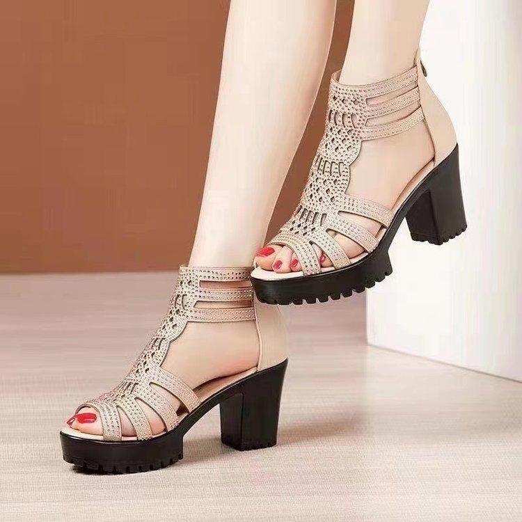 Woman Sandals Women Cyrstal Comfortable Pumps Ladies Fashion High Heels Female Rome Bling Hollow Out Shoes Women's Zip Footwear