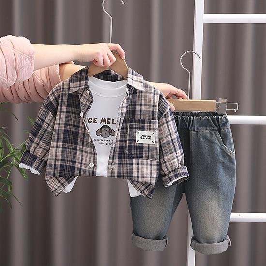Костюм для мальчика 0-5 лет Детская клетчатая рубашка с длинными рукавами Куртка Круглый вырез Белый топ Повседневные джинсовые брюки Комплект из трех предметов