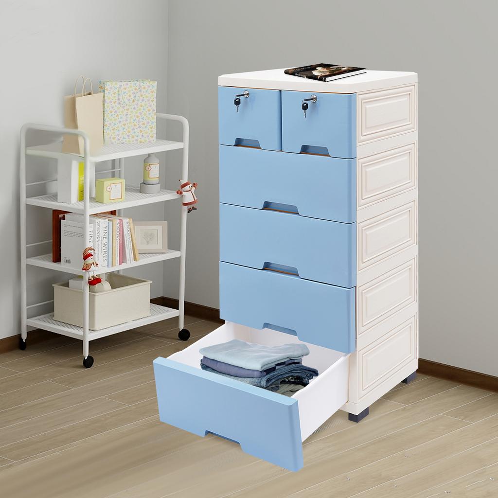 6pcs Drawers PP Rectangle Storage Cabinet Home Furniture with 4 Bottom Wheels,Two Small Drawers with Locks Simple Elegant Design
