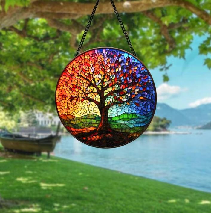 Dropshipping Life of Tree Round Stained Glass Ornament Wind Chimes Colorful Wall Art Pendant Sun Catcher