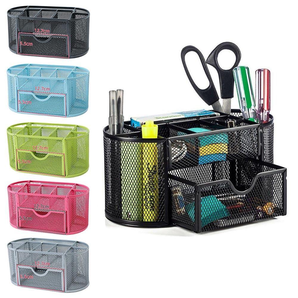 Высокое Качество С Ящиком Коробка для Хранения Настольный Органайзер Контейнер для Канцелярских Принадлежностей Металлическая Сетка Подставка для Ручек