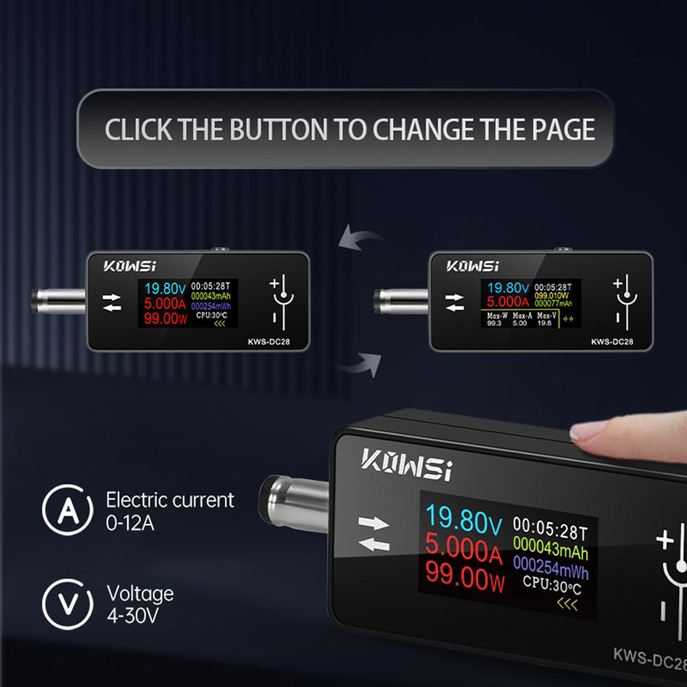 KWS-DC28 Voltmeter, Ammeter and Power Meter DC 4–30V, 0–12A 0.96-inch TFT HD Display Mobile Phone Charging Tester