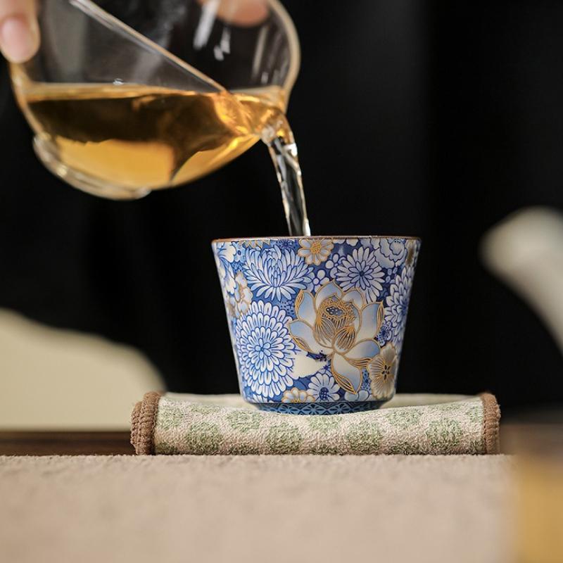 1 шт. Китайская сине-белая керамическая чайная чашка, защита от ожогов, ручная работа, цветы, фарфоровая чайная пиала, дорожная чашка для медитации, чайный сервиз
