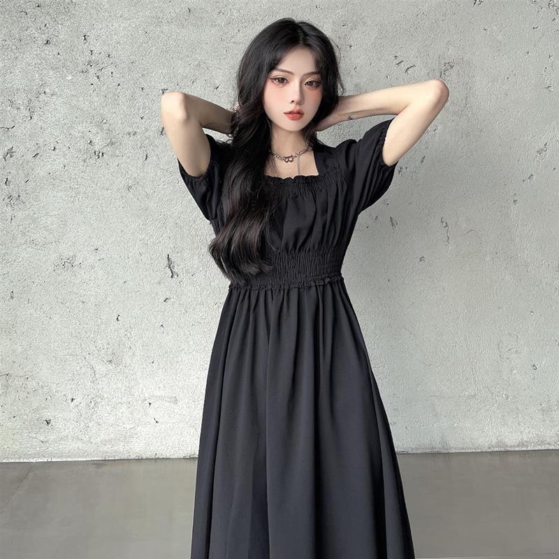 Летние платья Ретро французские платья длиной до колена, с квадратным вырезом и рукавами-пузырьками, с квадратным вырезом и талией