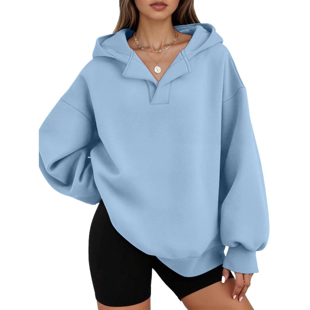 Women's Casual V-neck Pullover Long-sleeve Solid Color Fleece-lined Hooded Sweatshirt Top