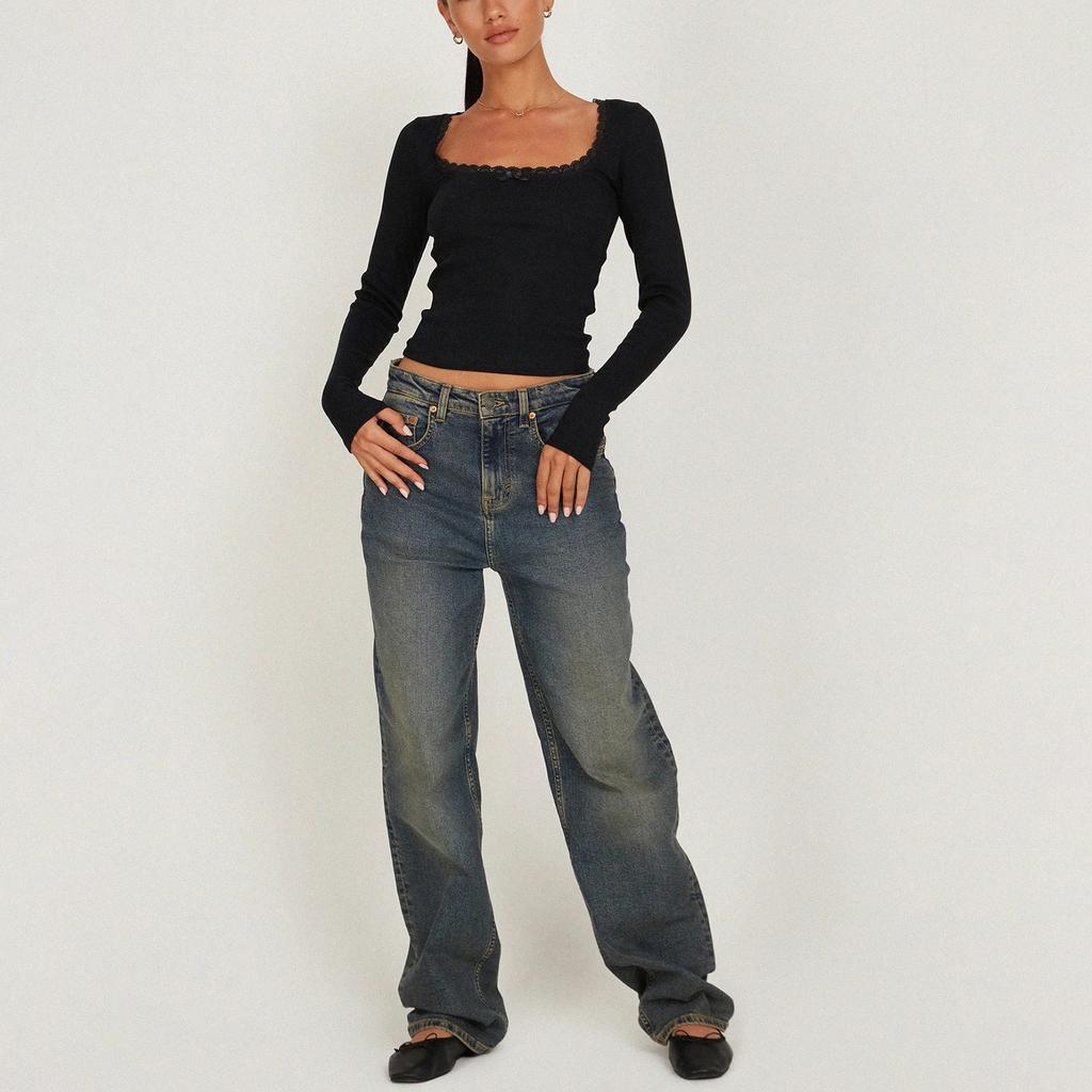 Women's Long Sleeve Lace Square Neck T-Shirt Slim Fit Knitted Bottoming Top