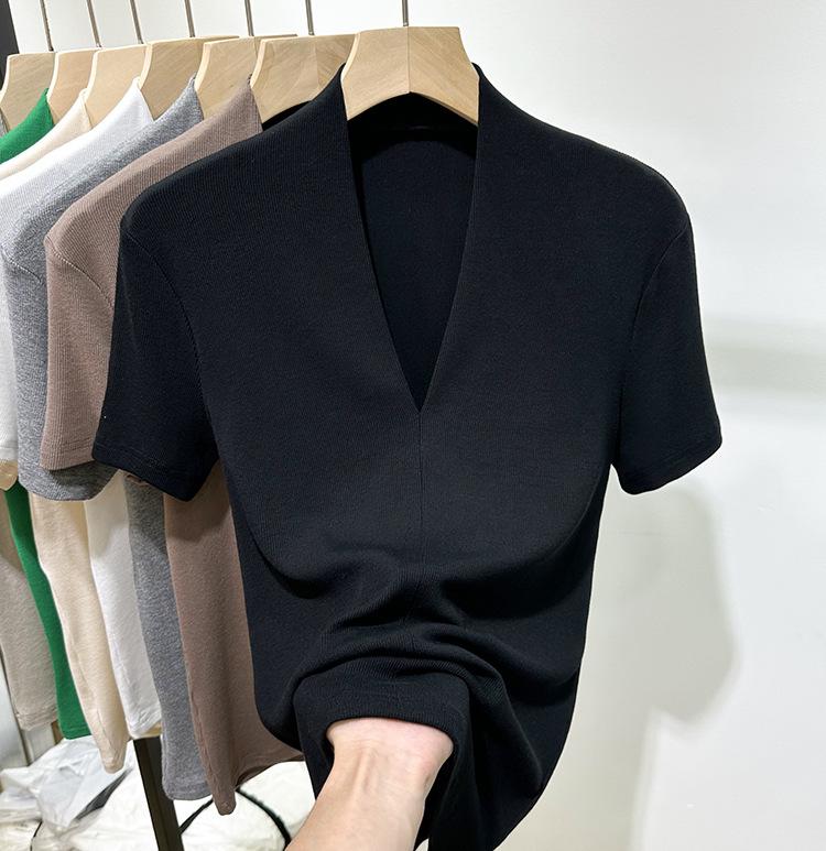 Модная футболка с V-образным вырезом, с короткими рукавами, женская летняя новинка, облегающий топ с рукавами до локтя