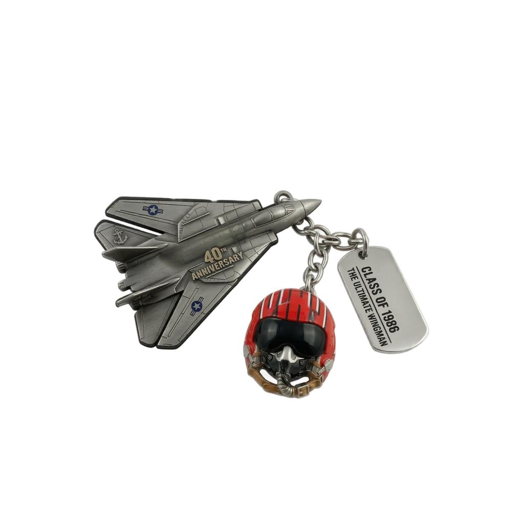 Metal Fighter Jet Keychain with Pilot Helmet and Dog Tag 40th Anniversary Commemorative Collectible Accessory for Aviation Enthusiasts and Collectors