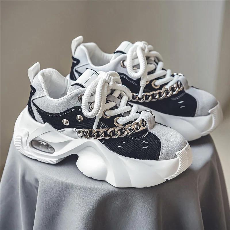 Мужская обувь Осень Новые Модные Туфли на Толстой Подошве с Увеличением Роста Износостойкие Металлическая Цепочка Шнуровка Комфорт Клепки Кроссовки 2025