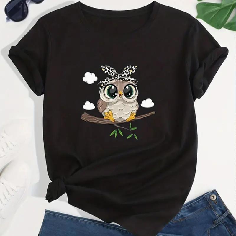 Модная женская футболка с принтом совы в виде кавайной мультипликационной совы, забавная повседневная футболка с круглым вырезом и короткими рукавами, летняя женская футболка