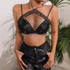 Sexy Halter Tops Sleeveless Backless Cropped Tops Hollow Fishnet Shiny Rhinestones Inlaid Perspective Neck Strap