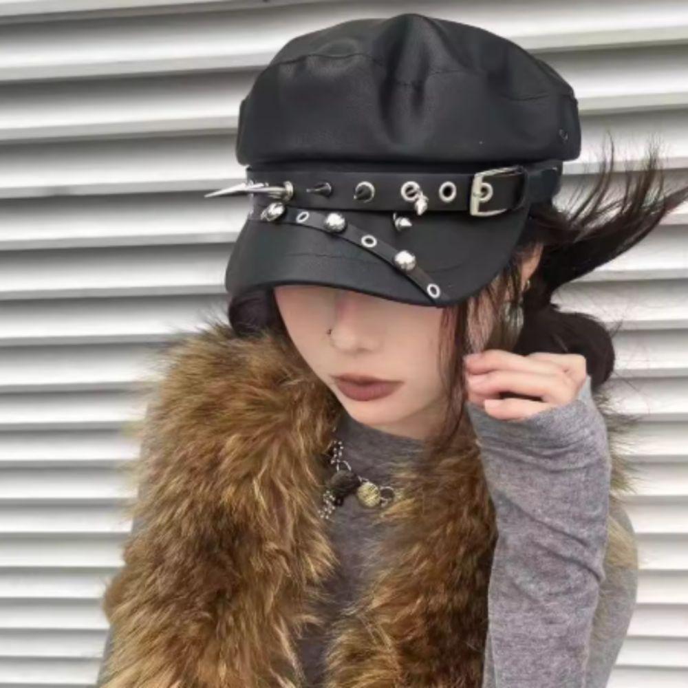 Лолита Крутая Готическая Кепка с Шипами из ПУ Кожи Шляпа Художника Клепки Панк Кепка Хип-Хоп Кепка