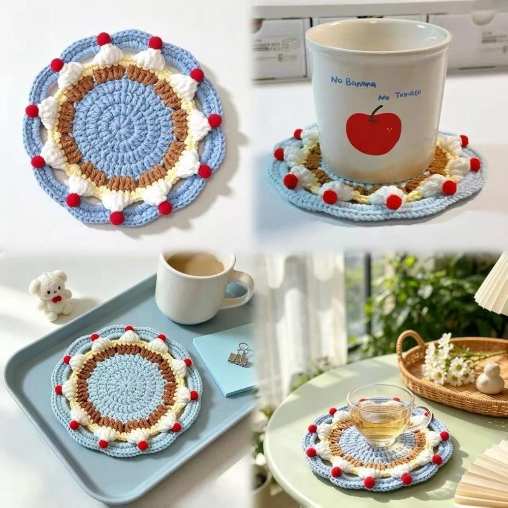 Handmade Cream Cake Crochet Coaster Knitted Trivet Mats Creative Coffee Cup Mat Office