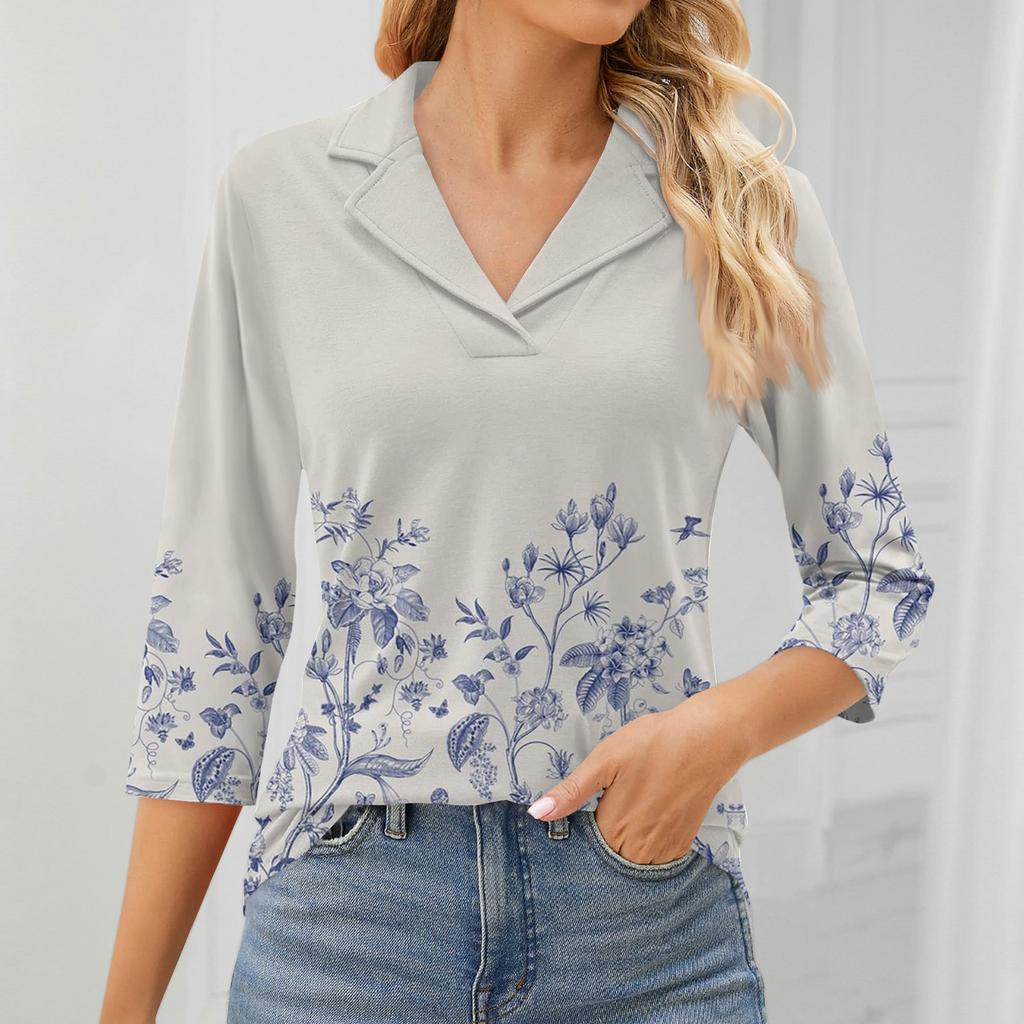 Женский модный топ для отдыха с семиточечным рукавом и V-образным вырезом, со вставками на манжетах и ​​принтом