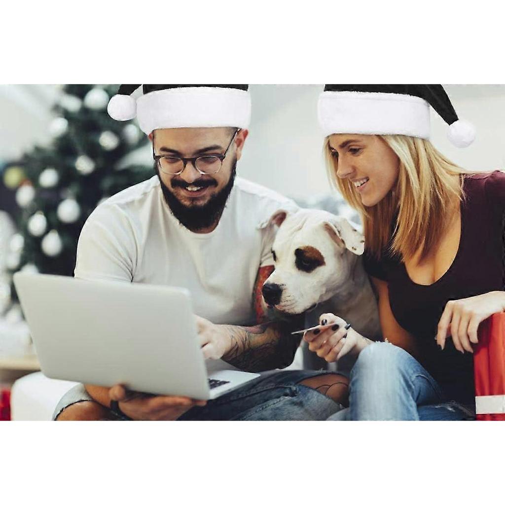 Dww-Noir Bonnet Noel Chapeau de Pre Nol pour Adultes De luxe Costume de Chapeau de Pere Noel Peluche Ornements de Nol
