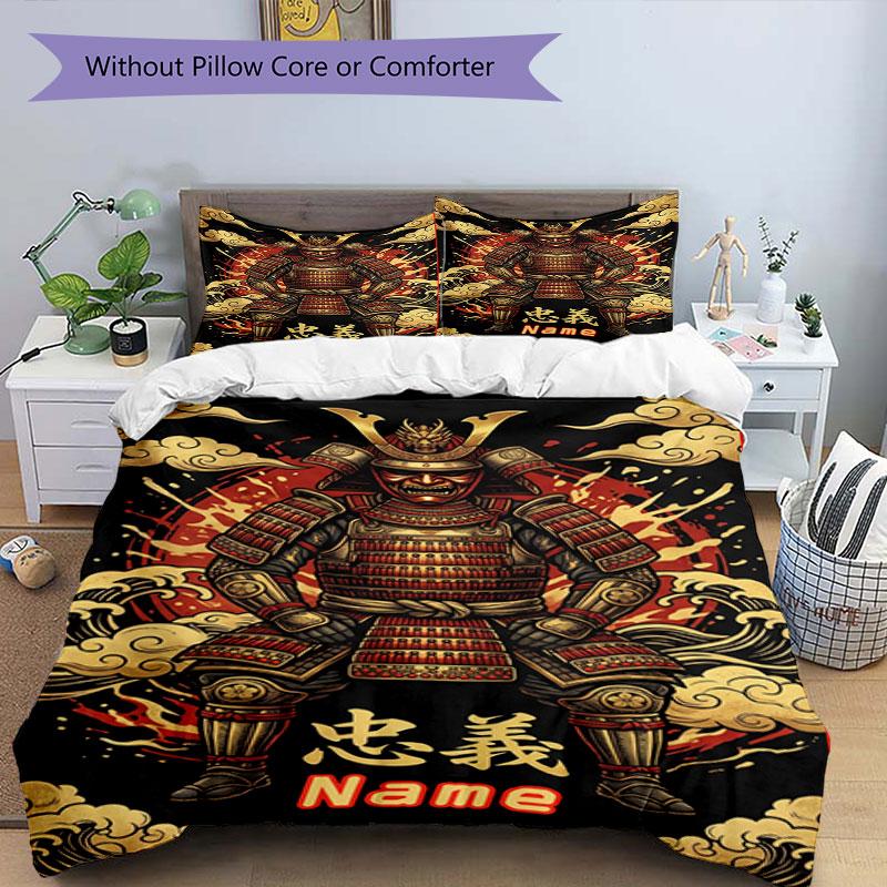 3PC Custom Name Samurai Warrior Spirit Bedding Set Printed Bedding Set Duvet Cover Closure Includes 1 Duvet Cover & 64 Pillowcases for Bedroom