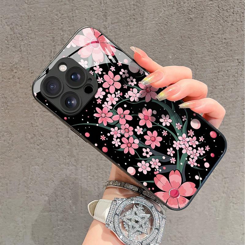 Чехол из закаленного стекла с розовым цветочным узором сакуры для iPhone 17 16 15 14 13 12 11 Pro Max 17Air 16E 7 8 Plus XR XS X