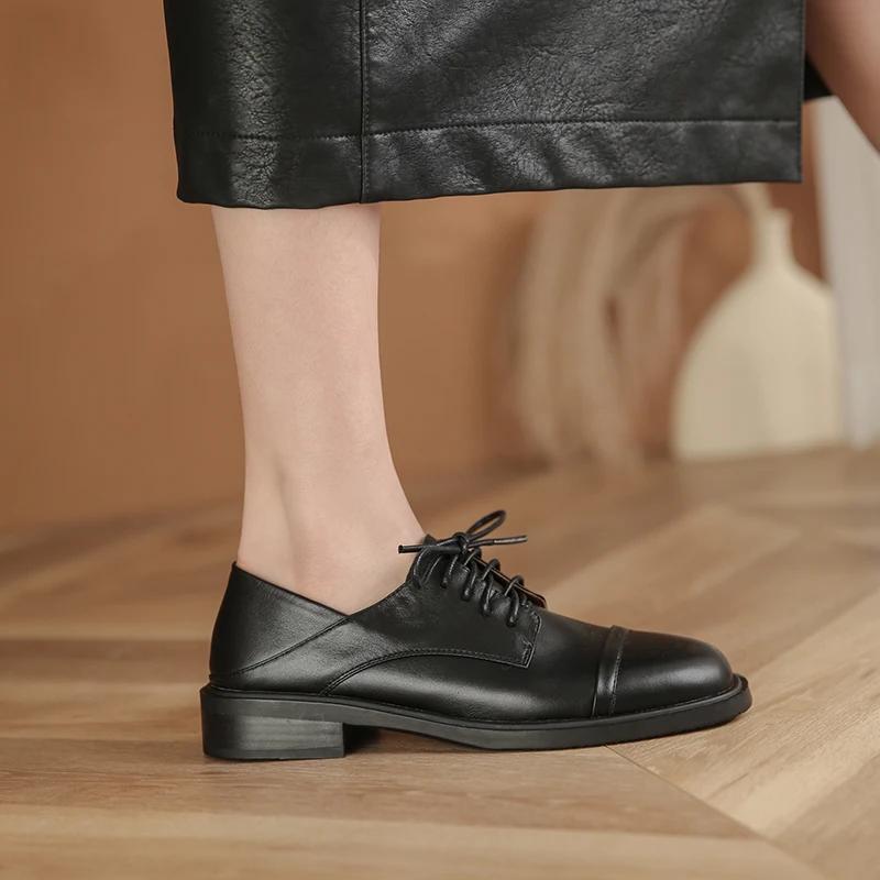 Мода Новая Весна Новая Натуральная Кожа Женская Обувь Модные Оксфорды на Шнуровке Круглый Носок Обувь на Толстом Каблуке Женская Zapatos De Mujer Туфли