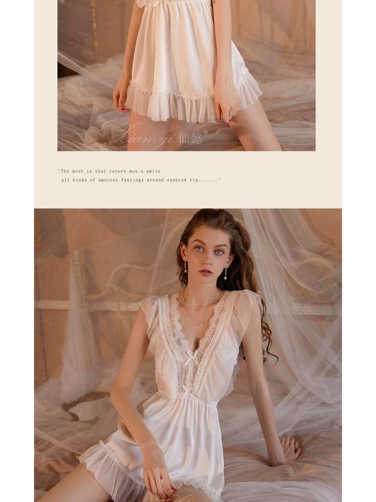 Комплект пижамы Xianyi Lace с водорастворимым цветочным кружевом: Женская сексуальная ночная сорочка на бретелях с глубоким V-образным вырезом для осенне-зимней домашней одежды.