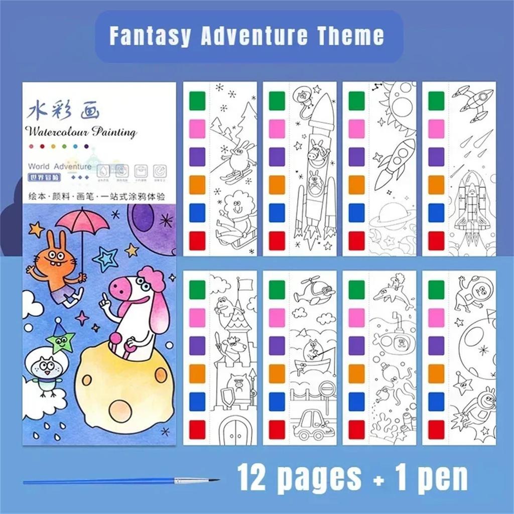 Kids Portable Watercolor Painting Book Paint With Water Brush Gouache Picture Coloring Drawing Toys Kindergarten Gifts