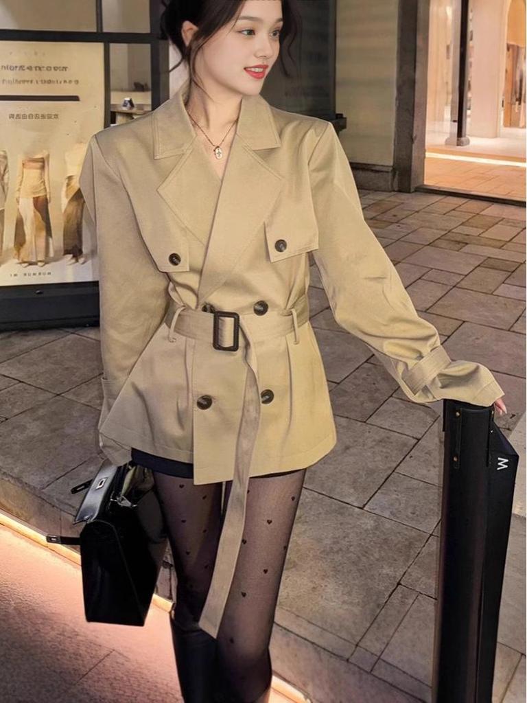 Women's Khaki Trench Coat: Spring/Autumn 2025, British Style, Waist-Slimming Short Coat