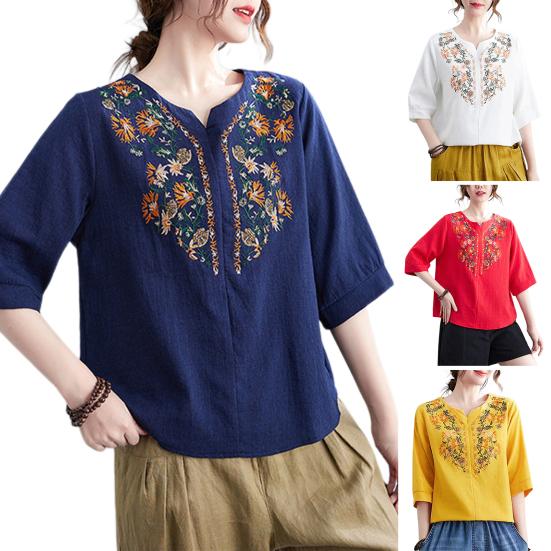 Women Summer Casual Shirt V-Neck Half Sleeve Pullover Tops Embroidery Floral Pattern Loose Fit Comfortable Breathable Blouse