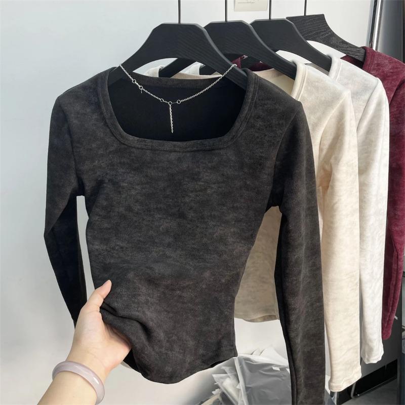 Square Collar Base Top Long Sleeved T-shirt