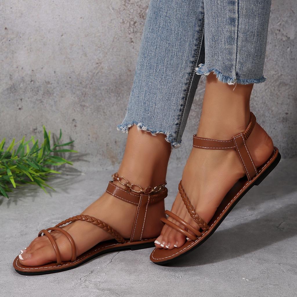 Сандалии большого размера на плоской подошве с эластичной резинкой для женщин, лето 2025, новые плетеные повседневные сандалии с открытым носком для женщин