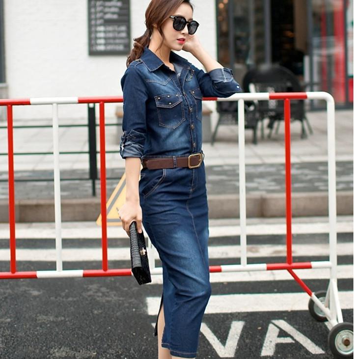 2024 Robe Jeans Dress Women Button Pocket Rivet Vintage Casual Long Denim Dresses Ladies Slim Bodycon Dress Robe Femme