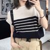 Summer Striped Tops Color Blocking Round Neck Loose Thin Knitted Undershirt Female Casual Summer Essential Comfort and Style Slim Fit Pullovers Tees