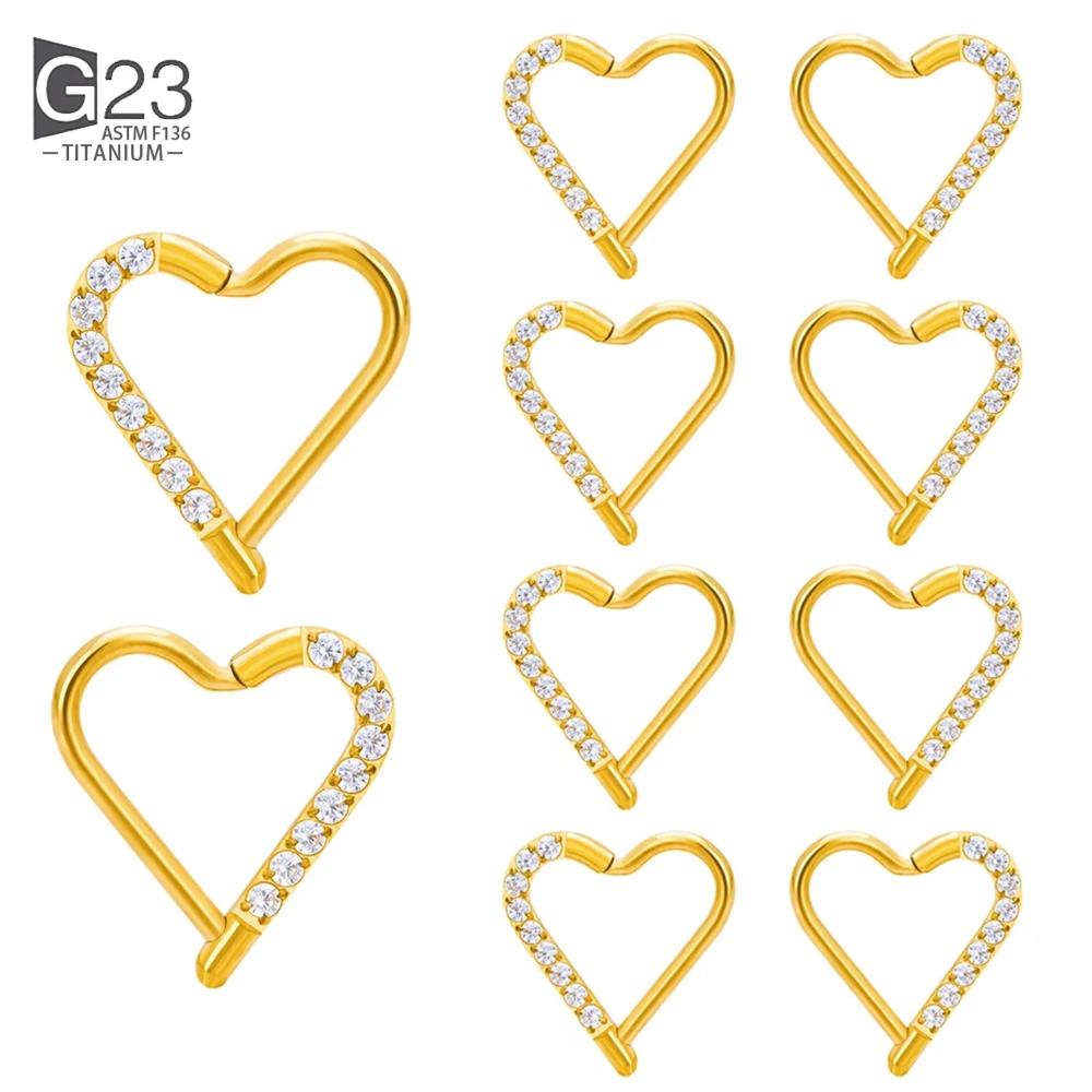 10 шт. Титановое кольцо для пирсинга Дэйт в форме сердца ASTM F136, кольцо-хуп для уха, хряща, трагуса, хеликса, на шарнирном сегменте, с прозрачным кубическим цирконием