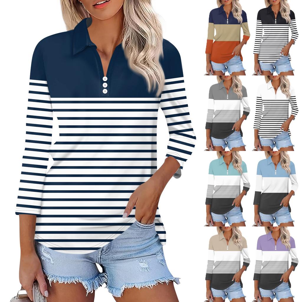 Женская модная повседневная рубашка с отворотом и рукавом 3/4 с принтом, женские топы на пуговицах с V-образным вырезом