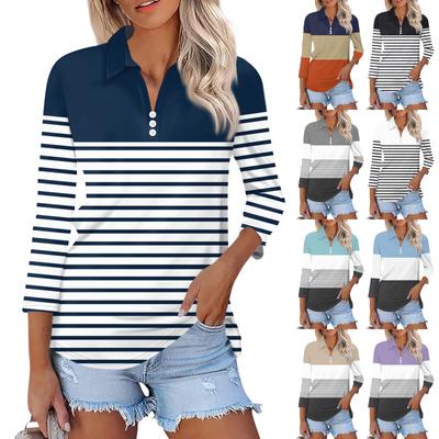 Женская модная повседневная рубашка с отворотом и рукавом 3/4 с принтом, женские топы на пуговицах с V-образным вырезом