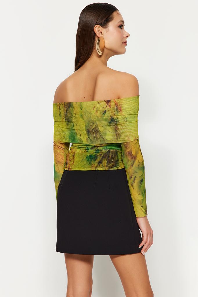 Women's Fashion New Blouse Multi-Color Patterned Tulle Blouse