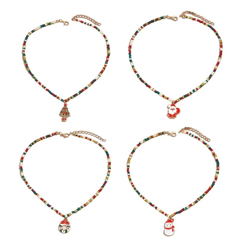 Rice Beads Christmas Tree Necklace Handmade Christmas Necklace for Women Colorful Beads and Festive Ornament Charm