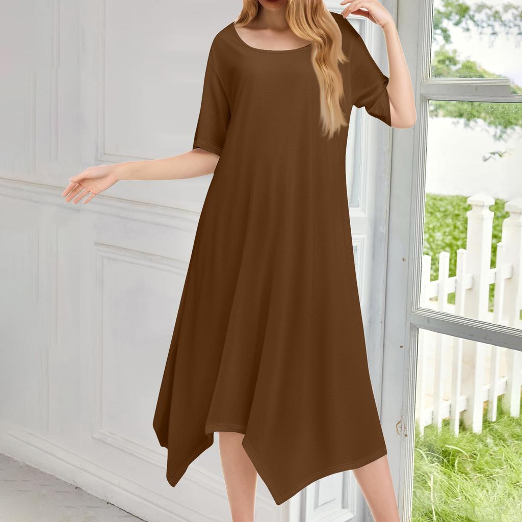Женское повседневное модное платье миди с круглым вырезом и коротким рукавом, однотонное, с неровным подолом