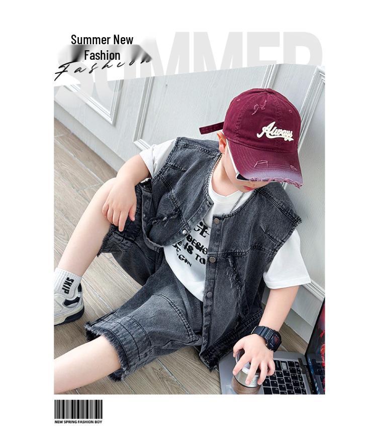 Boys' Summer Denim Vest & Printed Tee Shorts Set - Cool American Style 2026