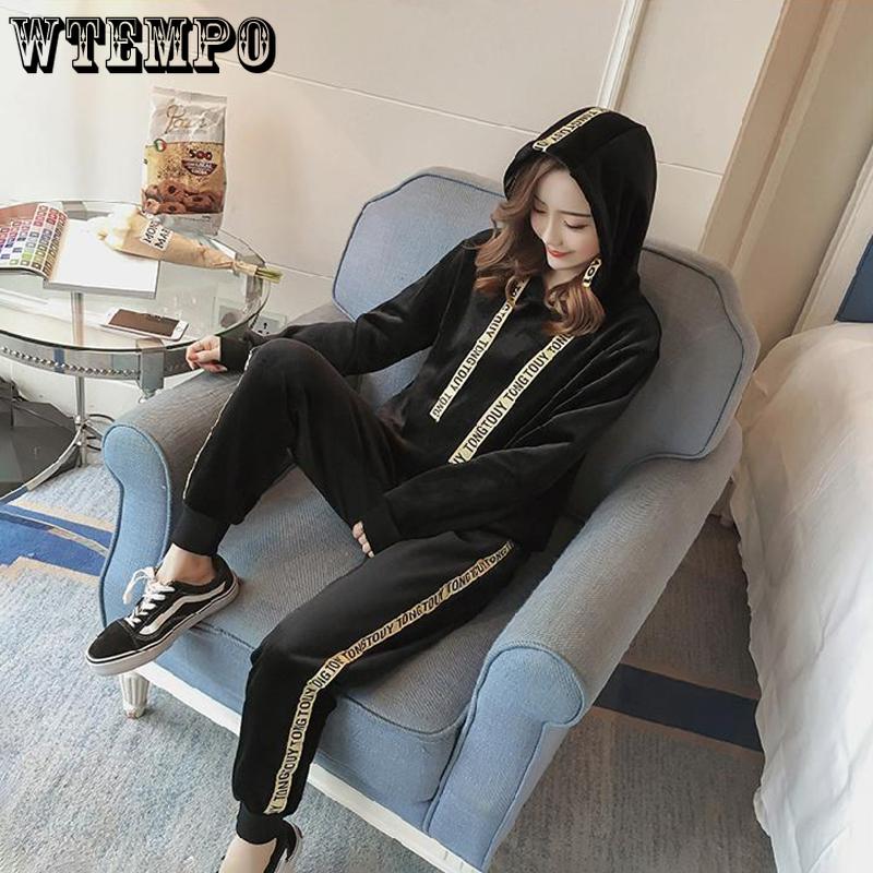 Warm Suit Women's Leisure Sports Suit Long-sleeved Plus Velvet Thickened Hoodie Women's Gold Velvet Hooded Sweater Two-piece Suit