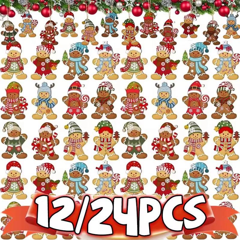 12/24pcs Gingerbread Man Wooden Ornaments Christmas Tree Hanging Pendants 2025 Xmas Party Home Decoration Kids DIY Gift Tags