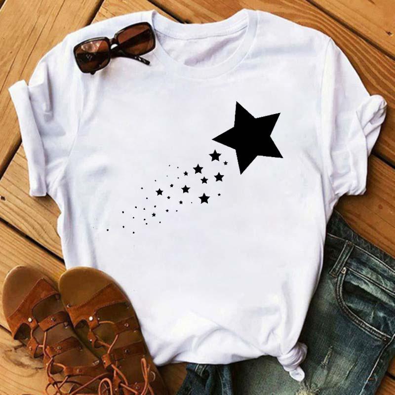 Maycaur Woman Star Moon Print Harajuku Летние футболки Повседневная футболка с круглым вырезом и коротким рукавом Женская черная футболка Прямая поставка
