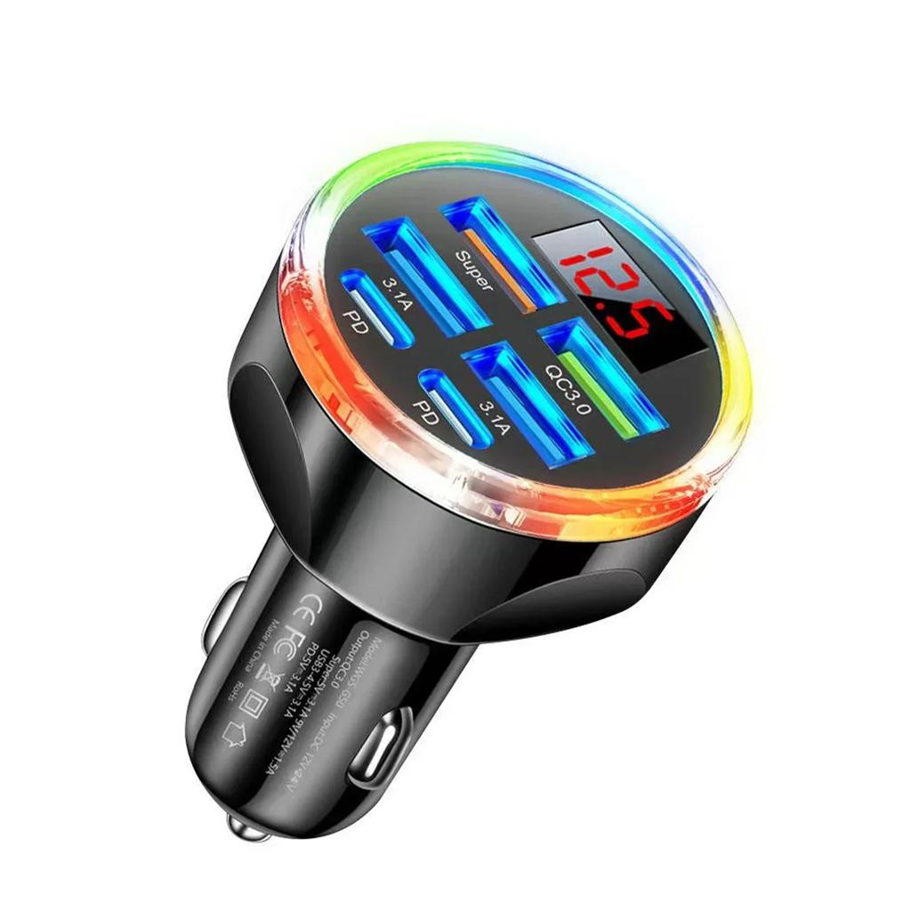 Автомобильное зарядное устройство UYUXIO с несколькими портами USB C, 6 в 1, с дисплеем напряжения, быстрая зарядка с вольтметром для iPhone 17 16 Samsung