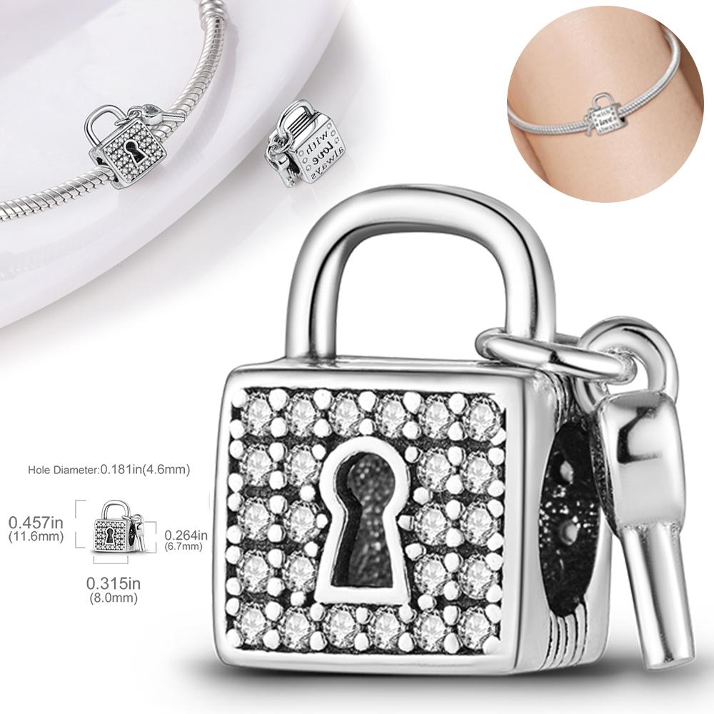 S925 Sterling Silver Key & Lock Heart Pendant Fit Charms Silver S925 Original Bracelet for Jewelry Making